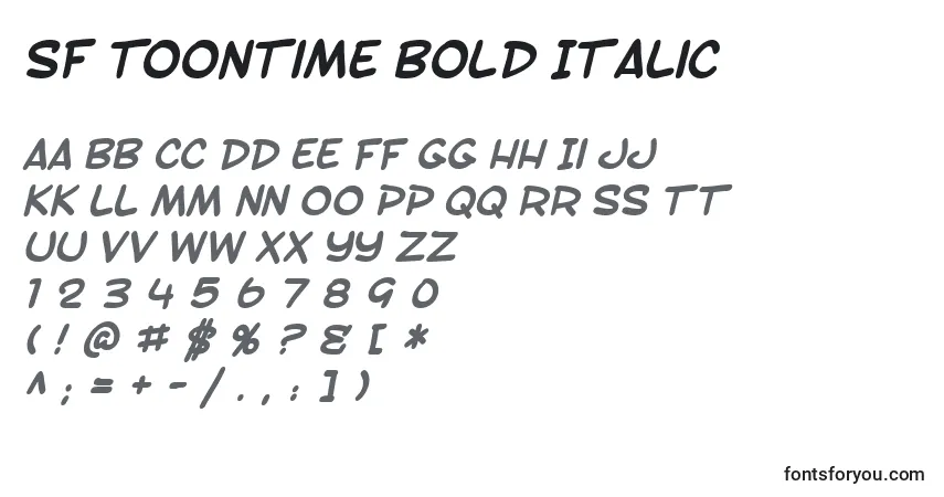 Czcionka SF Toontime Bold Italic – alfabet, cyfry, specjalne znaki