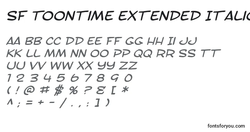 Czcionka SF Toontime Extended Italic – alfabet, cyfry, specjalne znaki