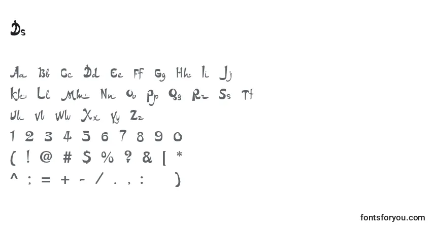 Czcionka Ds – alfabet, cyfry, specjalne znaki