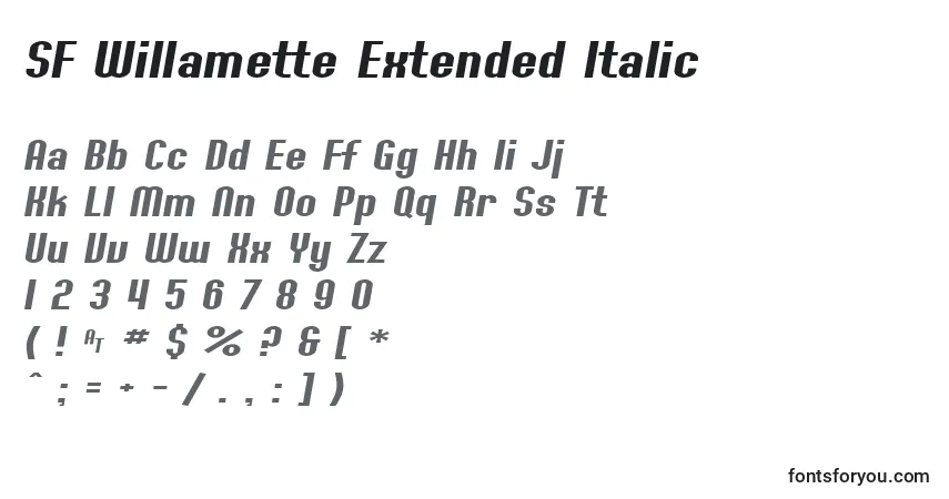 Czcionka SF Willamette Extended Italic – alfabet, cyfry, specjalne znaki