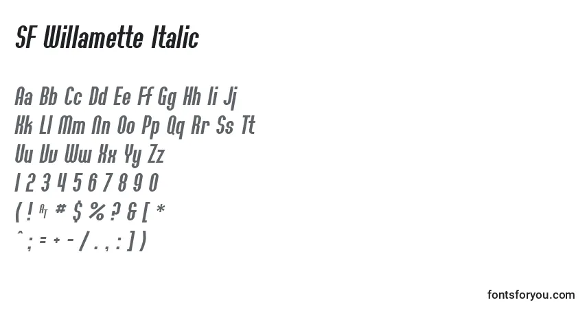 Шрифт SF Willamette Italic – алфавит, цифры, специальные символы