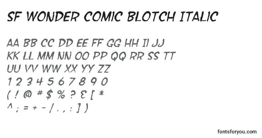 Czcionka SF Wonder Comic Blotch Italic – alfabet, cyfry, specjalne znaki