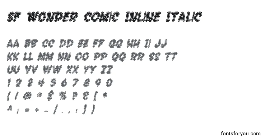 A fonte SF Wonder Comic Inline Italic – alfabeto, números, caracteres especiais