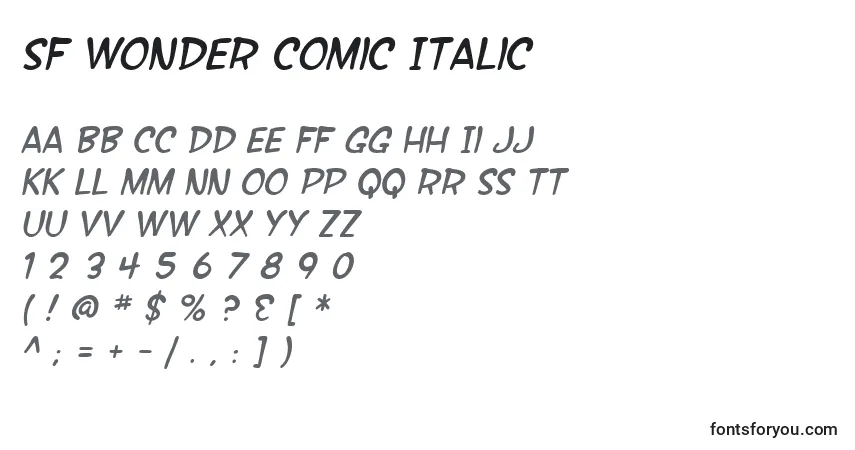Шрифт SF Wonder Comic Italic – алфавит, цифры, специальные символы