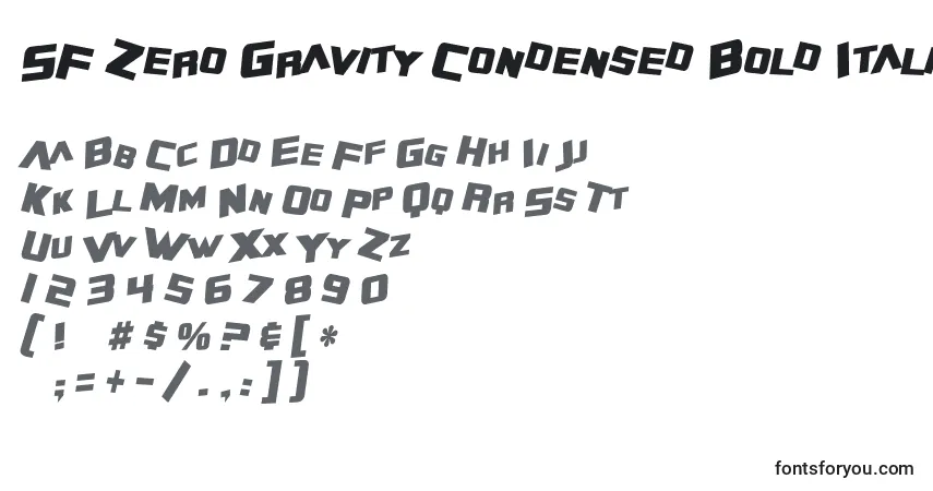 A fonte SF Zero Gravity Condensed Bold Italic – alfabeto, números, caracteres especiais