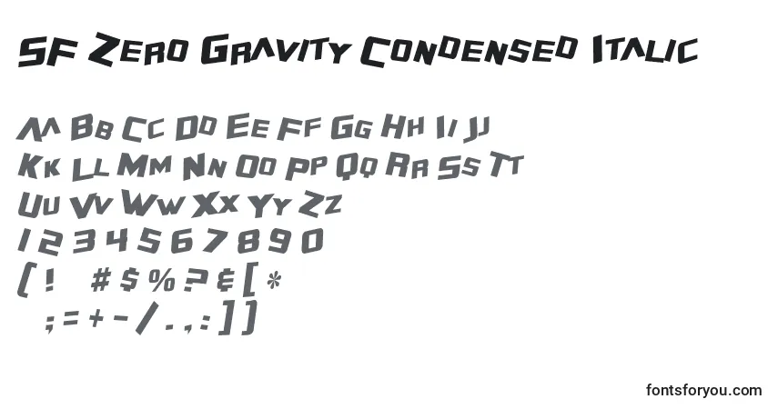 Шрифт SF Zero Gravity Condensed Italic – алфавит, цифры, специальные символы
