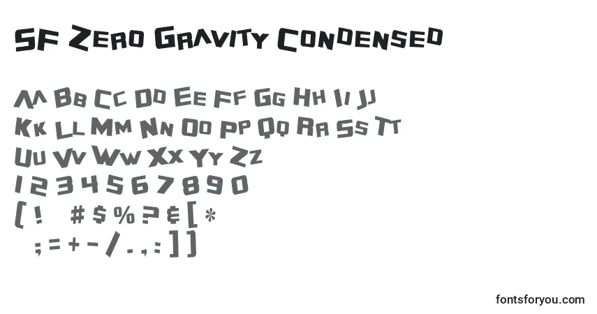 Czcionka SF Zero Gravity Condensed – alfabet, cyfry, specjalne znaki