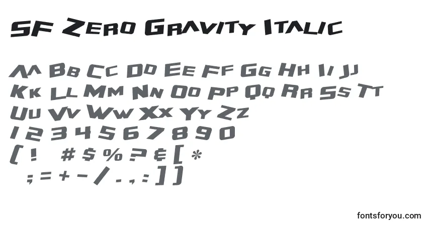 Шрифт SF Zero Gravity Italic – алфавит, цифры, специальные символы