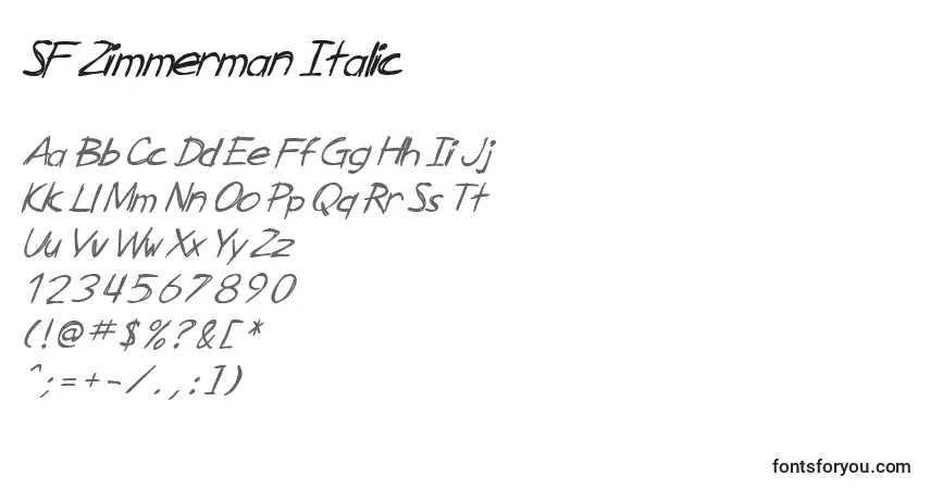 Schriftart SF Zimmerman Italic – Alphabet, Zahlen, spezielle Symbole