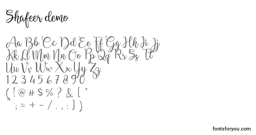 Schriftart Shafeer demo – Alphabet, Zahlen, spezielle Symbole