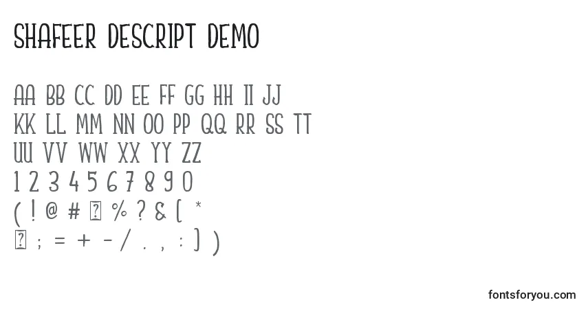 A fonte Shafeer Descript Demo – alfabeto, números, caracteres especiais