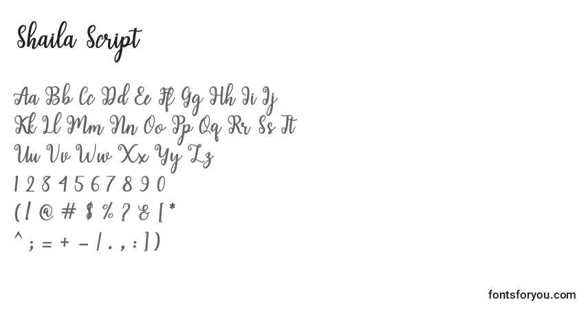 Czcionka Shaila Script – alfabet, cyfry, specjalne znaki