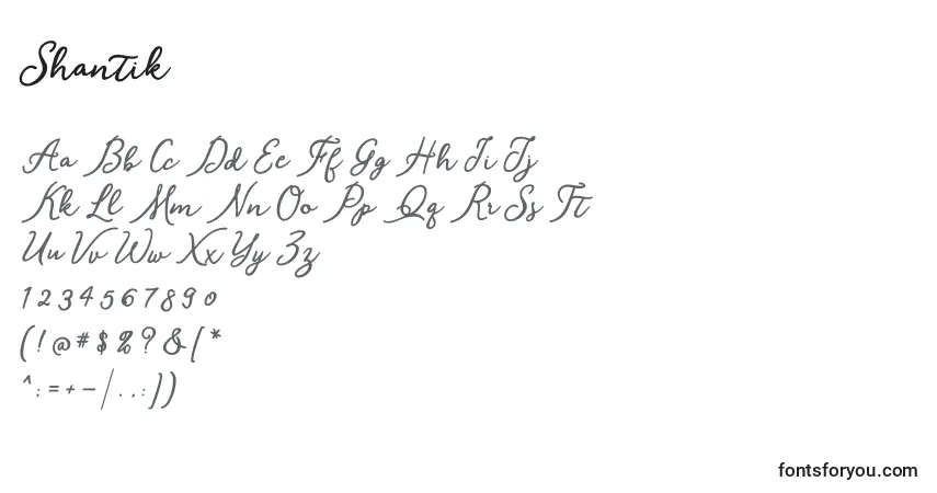 A fonte Shantik – alfabeto, números, caracteres especiais