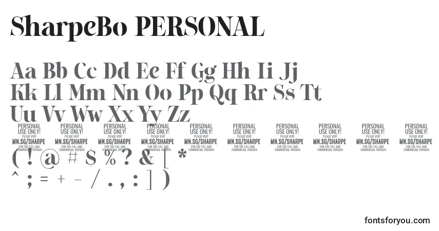 A fonte SharpeBo PERSONAL – alfabeto, números, caracteres especiais