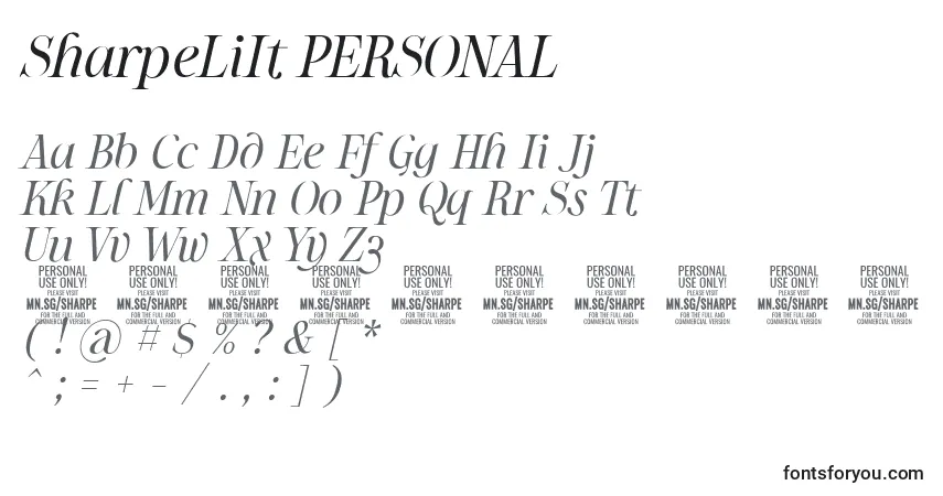 A fonte SharpeLiIt PERSONAL – alfabeto, números, caracteres especiais