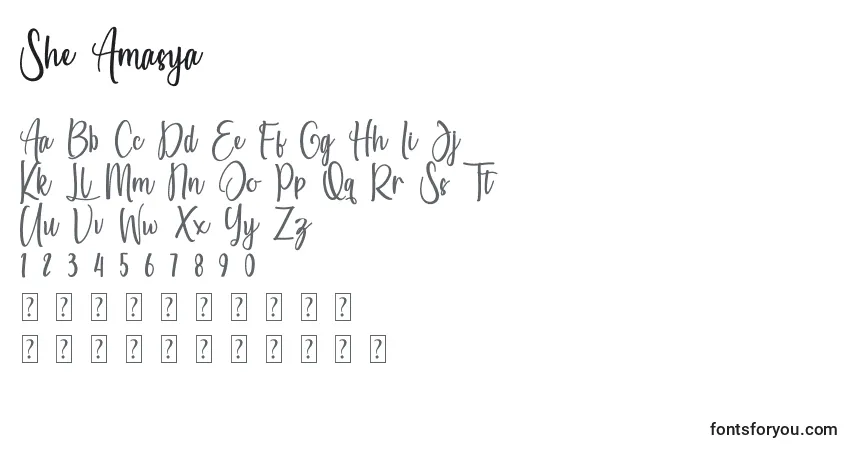 Schriftart She Amasya (140631) – Alphabet, Zahlen, spezielle Symbole