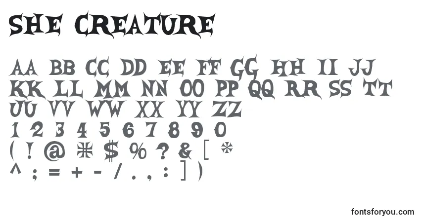A fonte She Creature – alfabeto, números, caracteres especiais
