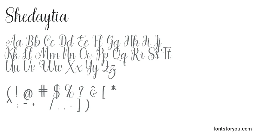 Schriftart Shedaytia – Alphabet, Zahlen, spezielle Symbole