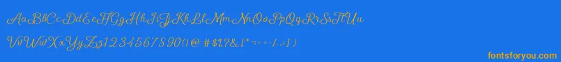 フォントShellyScript – オレンジ色の文字が青い背景にあります。