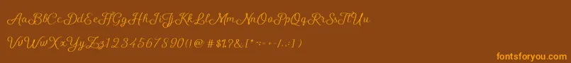 フォントShellyScript – オレンジ色の文字が茶色の背景にあります。