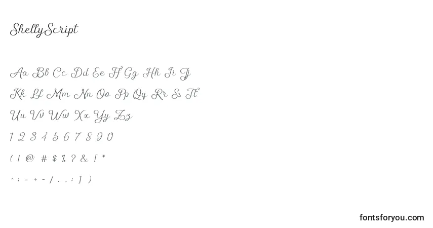 Czcionka ShellyScript (140662) – alfabet, cyfry, specjalne znaki
