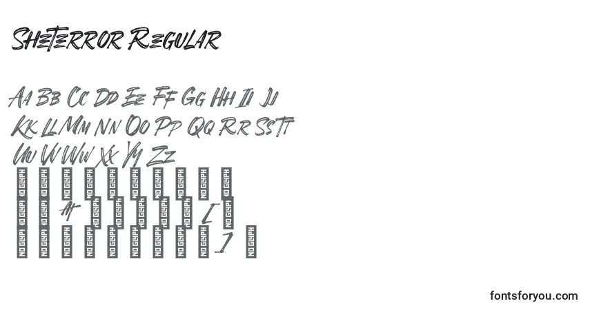 Schriftart SheTerror Regular – Alphabet, Zahlen, spezielle Symbole