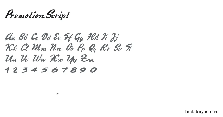 Czcionka PromotionScript – alfabet, cyfry, specjalne znaki