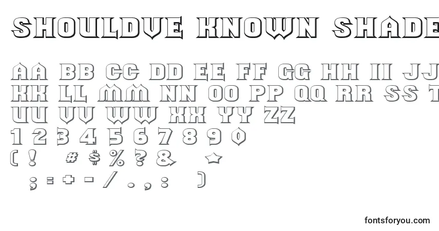 Czcionka Shouldve known shaded (140822) – alfabet, cyfry, specjalne znaki