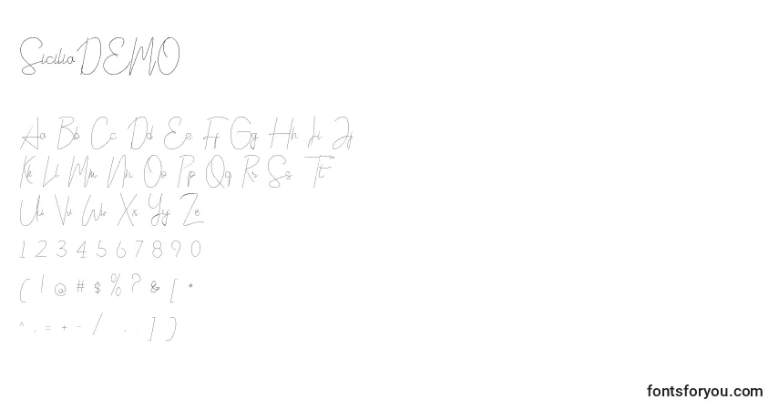 Czcionka SiciliaDEMO – alfabet, cyfry, specjalne znaki