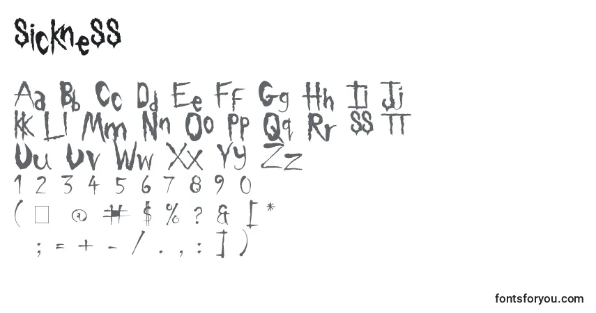 A fonte Sickness (140844) – alfabeto, números, caracteres especiais