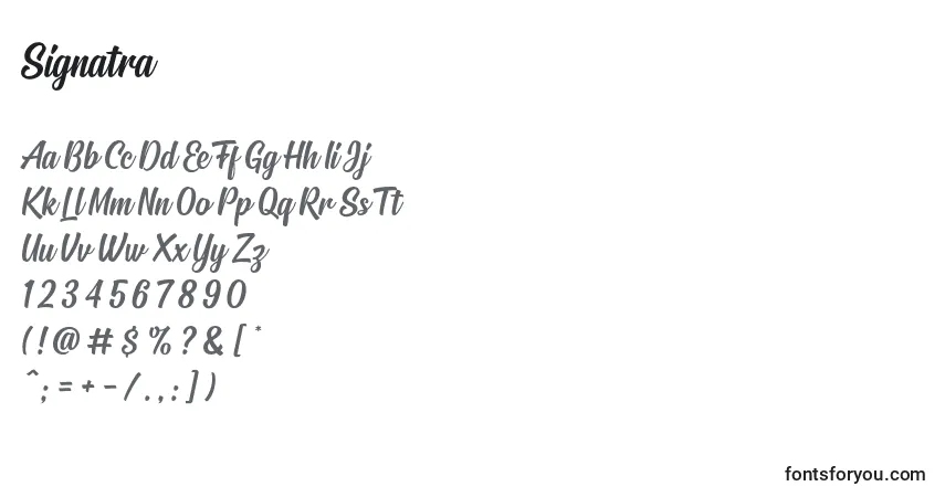 A fonte Signatra – alfabeto, números, caracteres especiais
