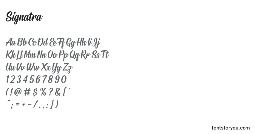 Schriftart Signatra (140865) – Alphabet, Zahlen, spezielle Symbole