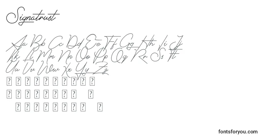 A fonte Signatrust – alfabeto, números, caracteres especiais