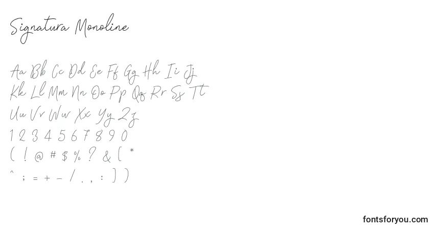 Czcionka Signatura Monoline – alfabet, cyfry, specjalne znaki