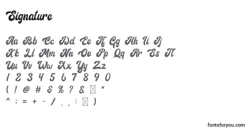 Schriftart Signature – Alphabet, Zahlen, spezielle Symbole
