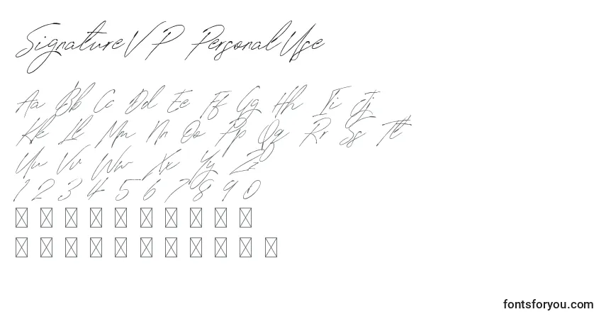 A fonte SignatureVP PersonalUse – alfabeto, números, caracteres especiais