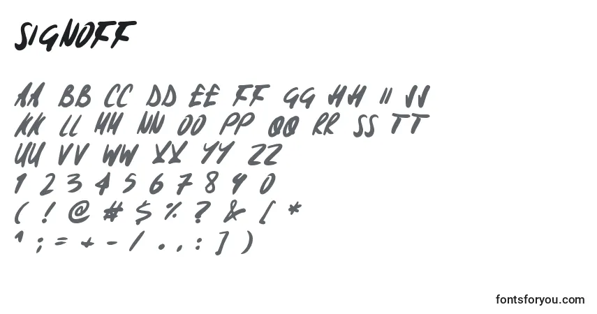 Czcionka Signoff – alfabet, cyfry, specjalne znaki