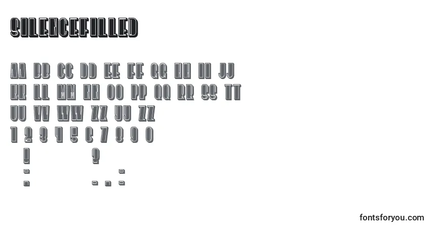 Czcionka SilenceFilled – alfabet, cyfry, specjalne znaki