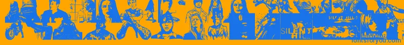 SILHILL-Schriftart – Blaue Schriften auf orangefarbenem Hintergrund