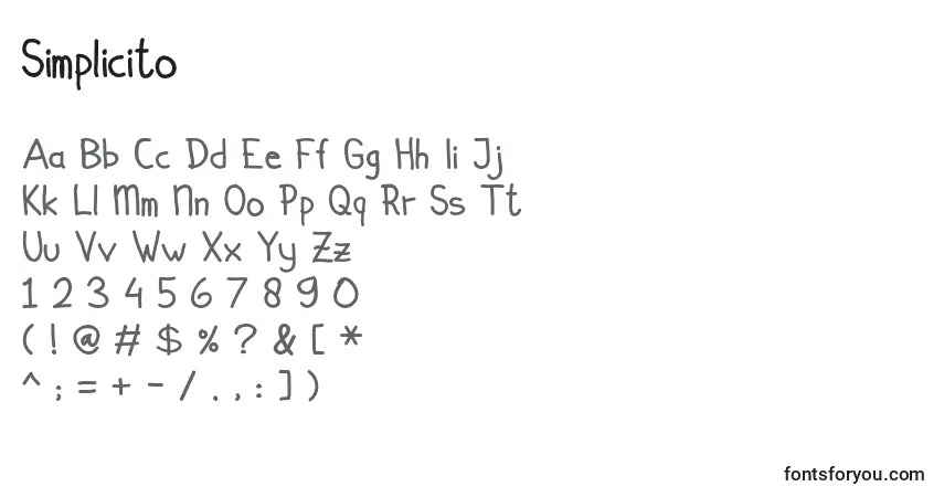 A fonte Simplicito – alfabeto, números, caracteres especiais