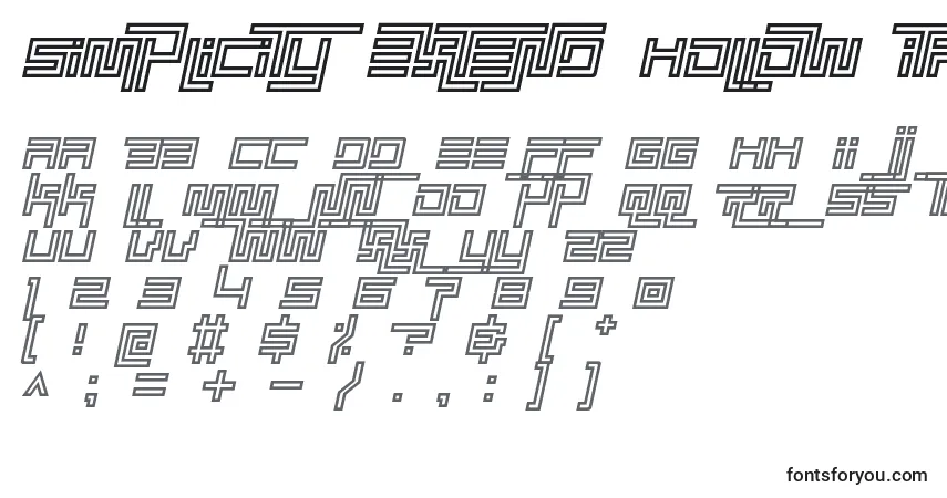 Czcionka Simplicity extend hollow italic – alfabet, cyfry, specjalne znaki