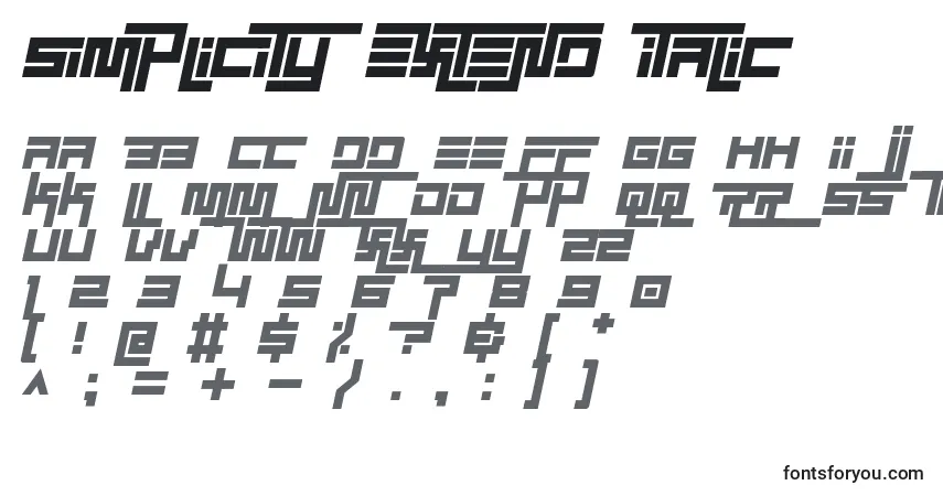 Czcionka Simplicity extend italic – alfabet, cyfry, specjalne znaki