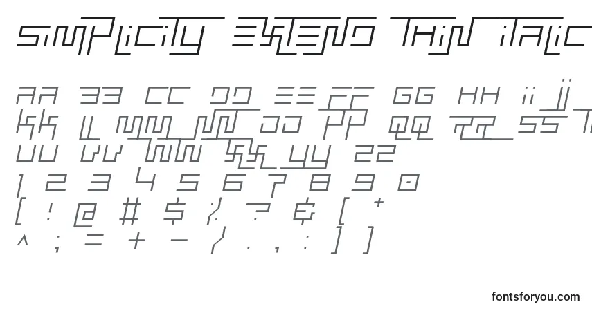 Шрифт Simplicity extend thin italic – алфавит, цифры, специальные символы