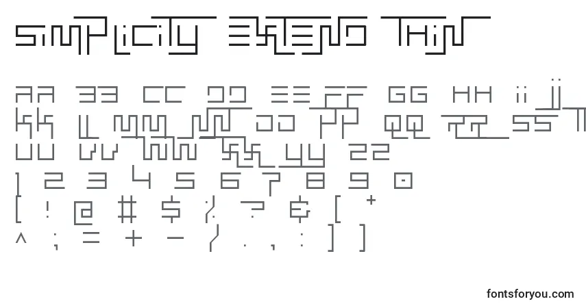 A fonte Simplicity extend thin – alfabeto, números, caracteres especiais