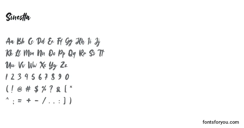 Czcionka Sinestta – alfabet, cyfry, specjalne znaki