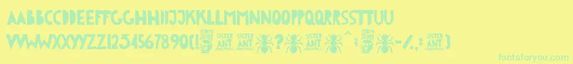 Weitere Informationen zur Sister Ant-Schriftart Sister Ant-Schriftart – Grüne Schriften auf gelbem Hintergrund