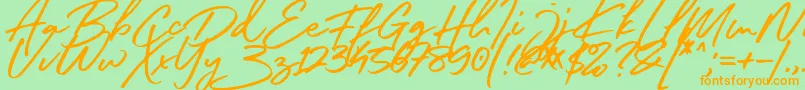 フォントSister Slimes Font – オレンジの文字が緑の背景にあります。