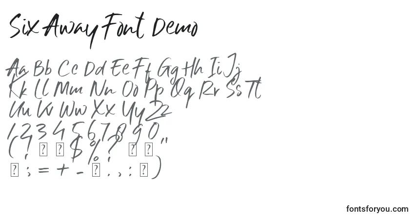 Schriftart Six Away Font Demo – Alphabet, Zahlen, spezielle Symbole