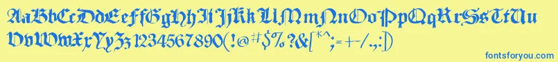 フォントSketchedCassiusBroken – 青い文字が黄色の背景にあります。