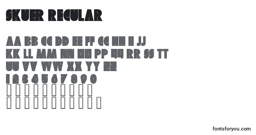 Czcionka Skuer Regular – alfabet, cyfry, specjalne znaki
